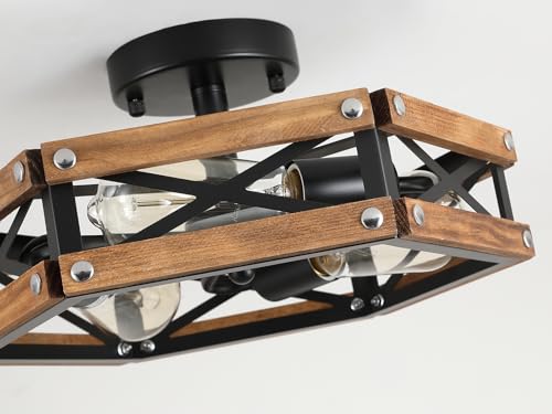 Oak and Black 2 Pack Rustic Farmhouse 3-Light Ceiling Light Fixtures - Wood & Metal Flush Mount for Hallway, Entry, Bedroom, Kitchen
