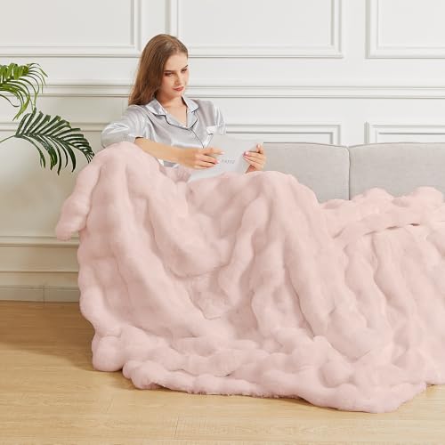 Pink Fluffy Double-Sided Throw Blanket 50x60 Fuzzy Faux Fur Couch Bed Cozy