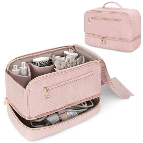 Teamoy Travel Carrying Case Compatible with Shark Flexstyle, Double-Layer Storage Bag for Shark Hyperair, Portable Travel Organizer for Dyson Airwrap Styler and Attachments, Pink Quilted