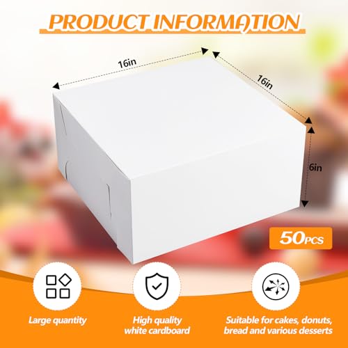 Ireer 50 Pack White Cake Boxes 16 x 16 x 6 Inch Bakery Transport Containers