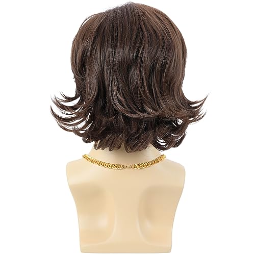 70s Disco Costume Wig for Men - Brown Shaggy Retro Hair with Mustache & Glasses - Halloween Party Cosplay