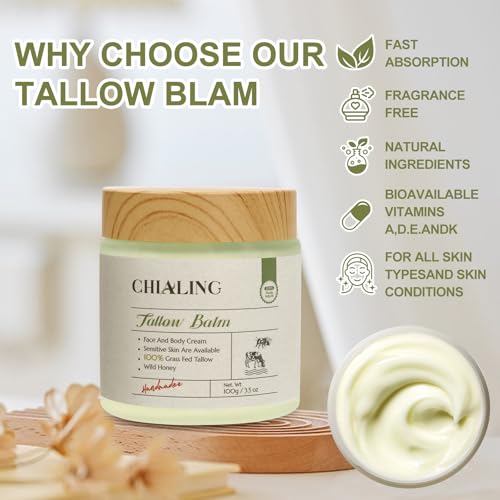 Handmade Beef Tallow For Skin, Tallow Face Moisturizer, 100% Grass Fed Beef Tallow And Honey Balm - Made in USA - Whipped Beef Tallow Body Lotion Skin Care for Eczema, Dry, Itchy, Sensitive Skin - 3.5 Oz