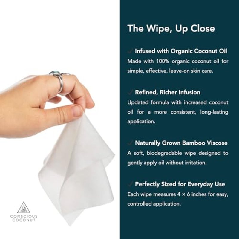 Conscious Coconut Individual Coconut Oil Wipes - For Face and Body - Soothing, Moisturizing, Sunburns, Makeup Remover, Cold-Pressed, Virgin Coconut Oil (25 Count)
