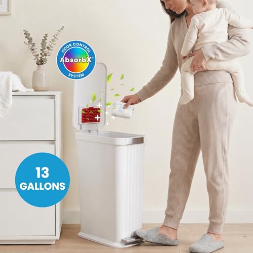 White 13 Gallon Step Diaper Pail with Odor Filter & Large Capacity – No Refills Needed