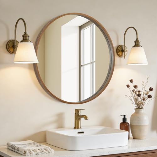 WallBeyond 28-Inch Round Wall Mirror with Wood Frame - Walnut Finish, Modern Home Decor for Bathroom Living Room Bedroom Entryway (Variation: Walnut / 28"L x 28"W)