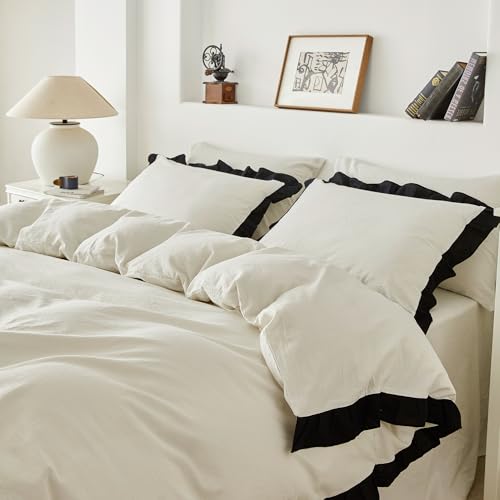 Queen Ruffle Duvet Cover Set Black and White Washed Cotton with Pillow Shams - Farmhouse Style