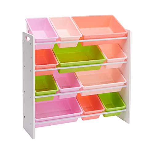 Kids Toy Storage Organizer with 12 Plastic Bins - White Wood with Pink Bins, 33.85 x 12.79 x 35.42 Inches - Variation: White Wood with Pink Bins