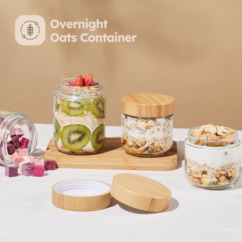 Tecohouse Chia Pudding Jars with lids, 6 Pack 12 OZ Overnight Oats Containers with Bamboo Lids, Mason Glass Cosmetic Jars with Airtight Lids For Salad, Meal Prep, Snacks, Spice, Suger, Yogurt