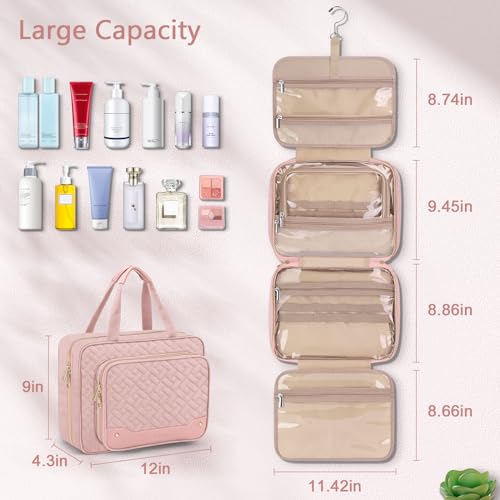 Large Waterproof Travel Toiletry Bag with Jewelry Organizer - Pink