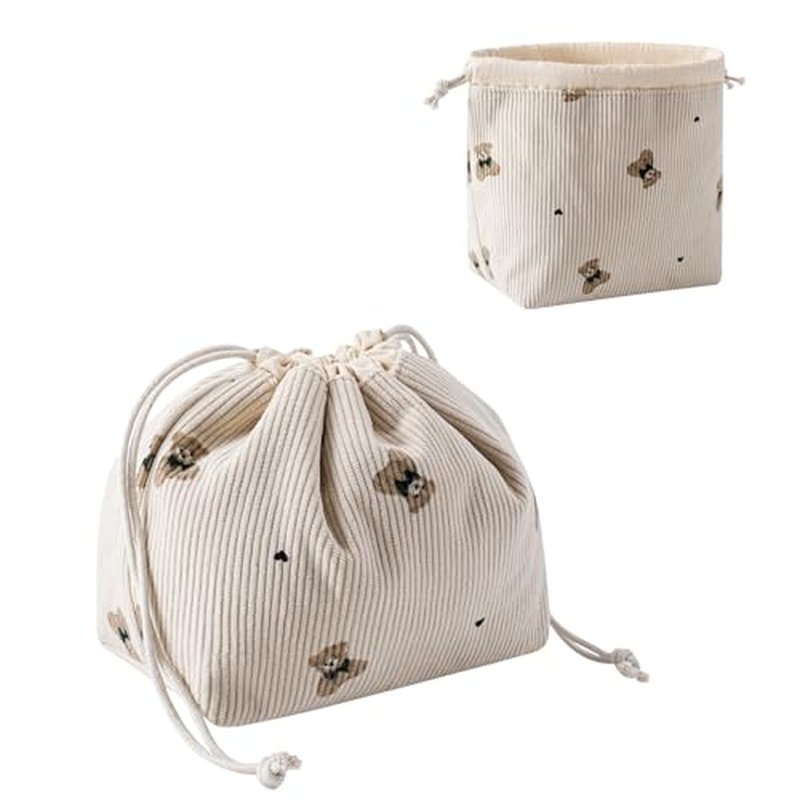 Aesthetic Corduroy Drawstring Makeup Bag, Cute Coquette Drawstring Cosmetic Bag with Canvas Lining, Bear Pattern Travel Makeup Organizer Case for Women Girls (04 Light Taupe)