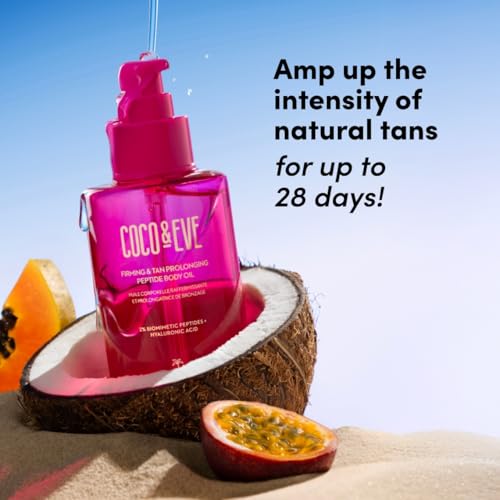 Coco & Eve Firming & Tan Prolonging Peptide Body Oil. Up to 28 Days Natural Tan Extender. After Sun Care with Tropical Oils, Vitamins C & E for Nourished, Glowy & Visibly Firmer Skin. (5.75 fl oz)