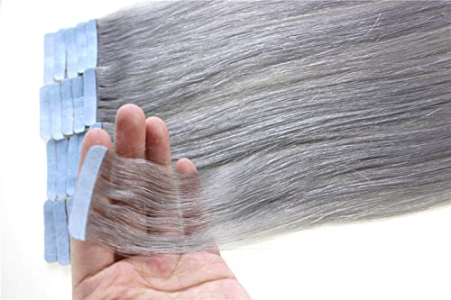 Yotty Silver Gray Tape-In Hair Extensions 18 Inch 40g Remy Human Hair Balayage Ombre