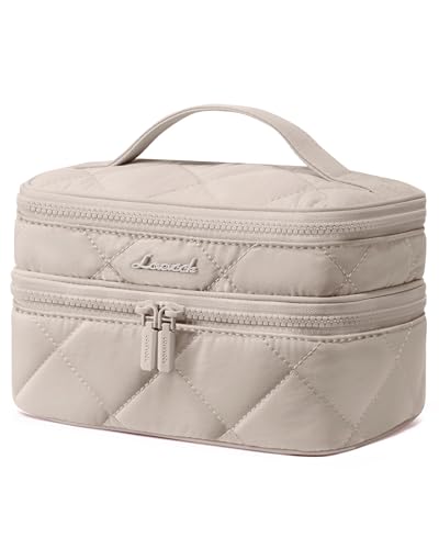LOVEVOOK Khaki Travel Makeup Bag - Large Open Flat Toiletry Organizer with Double Layer, Quilted, Waterproof