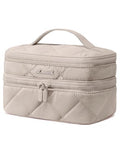 LOVEVOOK Khaki Travel Makeup Bag - Large Open Flat Toiletry Organizer with Double Layer, Quilted, Waterproof