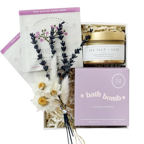 Lavender Spa Gift Set with Candle, Bath Bomb & Soap - Relaxation Gift Basket for Women