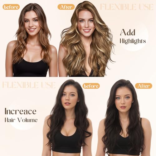 Clip in Human Hair Extensions 16 Inch Light Brown Mix Bleach Blonde 6Pcs