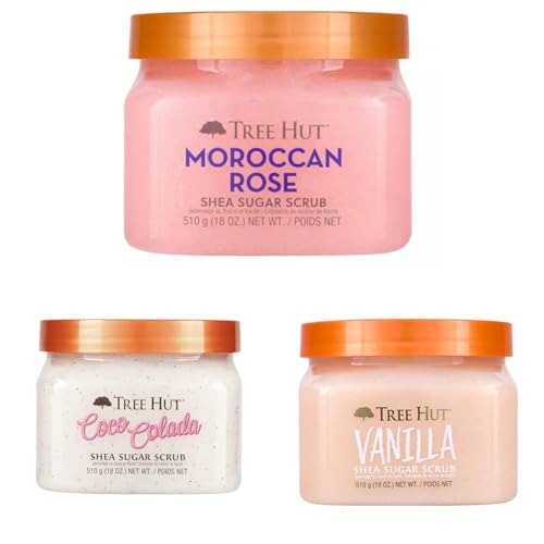 Tree Hut Exfoliating Sugar Body Scrub Trio, Moroccan Rose + Coco Colada + Vanilla, 3-Piece Body Scrub Care Set
