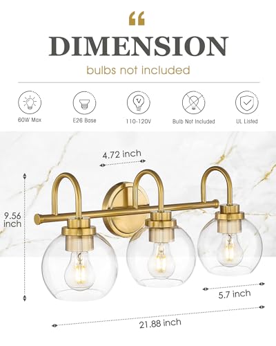 Gold 3-Light Bathroom Vanity Light Fixtures with Globe Clear Glass - Up/Down Mount