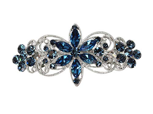 Faship Navy Blue Rhinestone Crystal Floral Hair Barrette Clip for Weddings