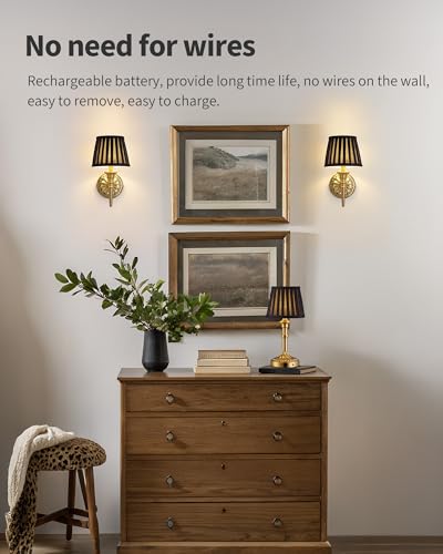 Set of 2 Gold and Black Wall Sconces, Cordless Dimmable Fabric Lampshades