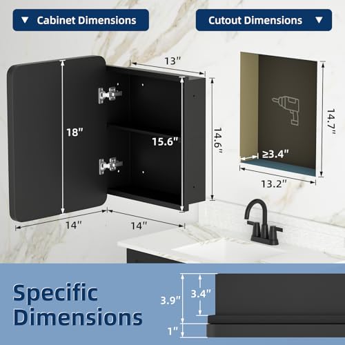 YTSMIR Black 14x18 Inch Bathroom Medicine Cabinet with Mirror – Wall Mount/Recessed Metal Framed Storage