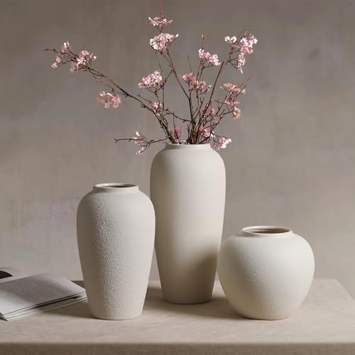 Cream White Tall Ceramic Floor Vase - 14.9 Inch Large Clay Flower Display