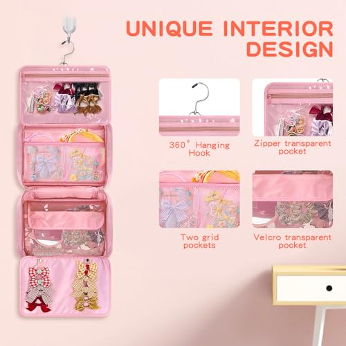 Hair Accessories Organizer for Girls, Hanging Hair Bow Storage Bag for Girls Hair Clips, Travel Organizer With Hair Clips, Headbands, Scrunchies & Ties - Empty Bag (Pink)