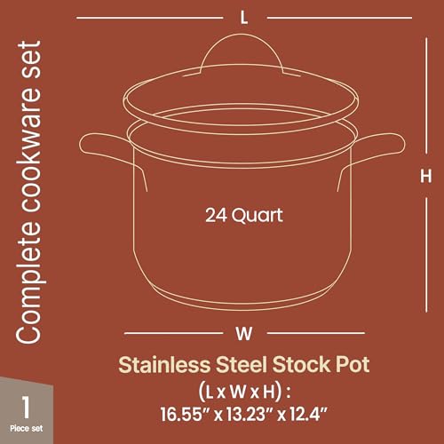 24 Quart Stainless Steel Stockpot with Tempered Glass Lid - Durable, Impact-Bonded Base