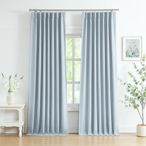 40W x 102L Dusty Blue Curtain Set - Full Blackout Pinch Pleat Drapes with Liners, Pack of 2