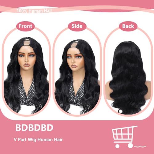 Human Hair U Part Wig 20 Inch Body Wave Natural Black 180% Density Beginner Friendly
