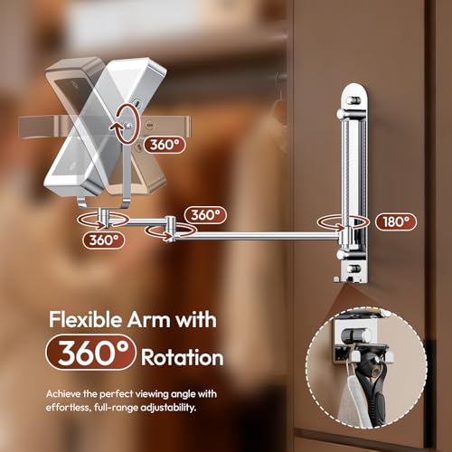 Height Adjustable Wall Mounted Lighted Makeup Mirror with Lights, 10X Magnifying Mirror for Bathroom, 7in Slide Rail and 360¡Æ Extended Arm, Rechargeable Wall Mirror with Dual Hooks for Hotel