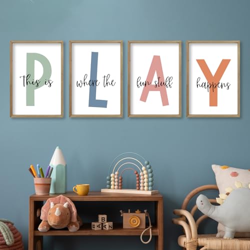 This Is Where The Fun Stuff Happens Kids Playroom Wall Art 24"×16" Wood - 4-Piece Set