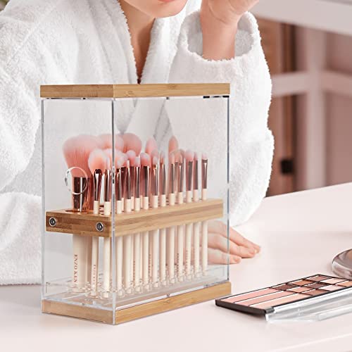 Transparent Acrylic & Bamboo Brush Holder Organizer with Leather Drawer - 31 Holes