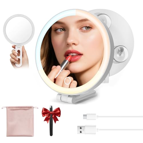 Portable Lighted Makeup Mirror with 10X Magnification & 3 Color Lights