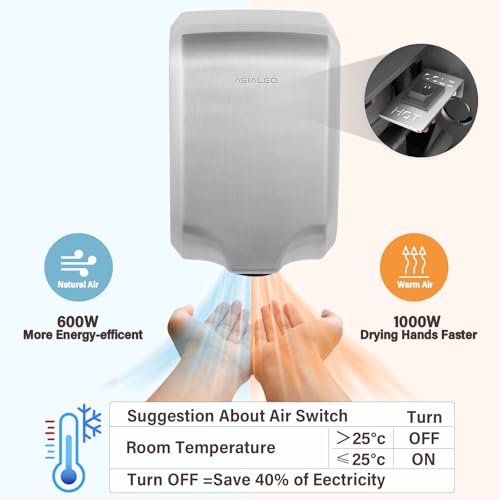 Stainless Steel Hand Dryer for Bathroom Commercial ADA Compliant Hot Cold Air Switchable Wall-Mounted