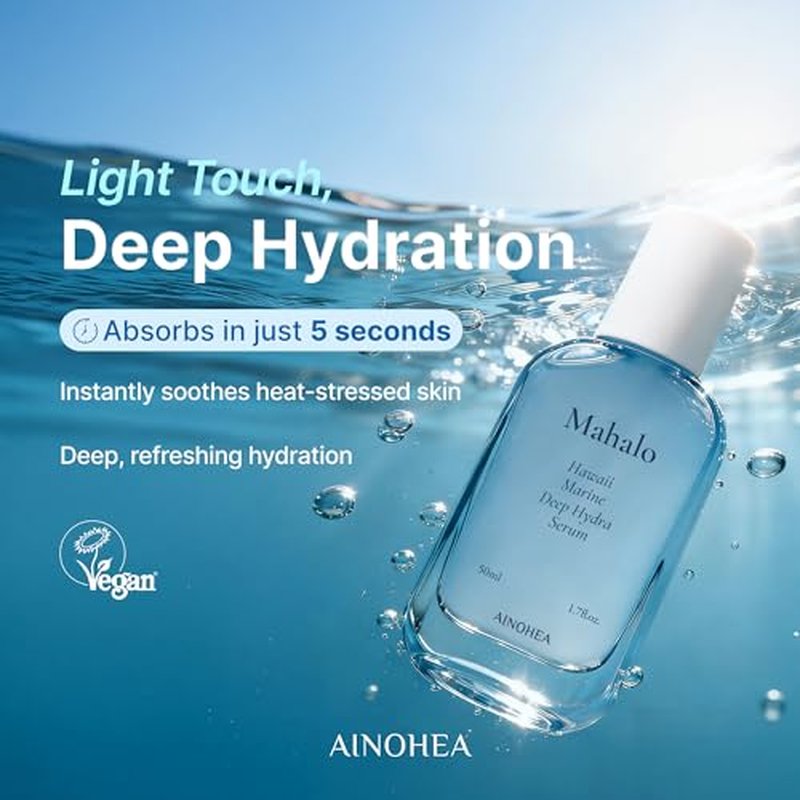 Mahalo Hawaii Marine Deep Hydra Serum ? Ultra Soothing, Cooling & Instant Hydration with 8-Type Hyaluronic Acid & Spirulina Extract, Lightweight Heat-Relief Serum, Korean Skin Care, 50ml