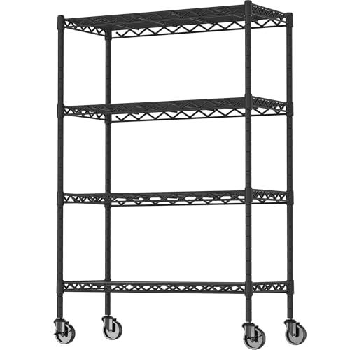 Adjustable Heavy Duty Wire Shelving Unit with Wheels - 4 Shelves, Black