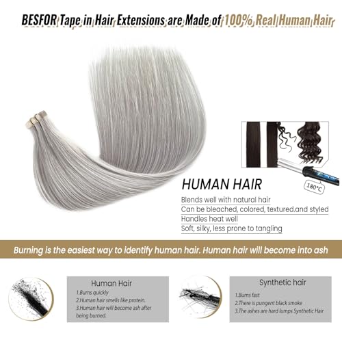 Silver Grey Hair Extensions Tape Ins 16 Inch Double Sided Seamless Human Hair