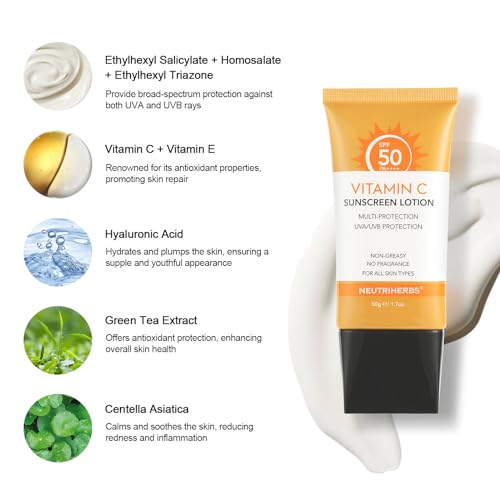 SPF 50 Sunscreen for Face & Body with Vitamin C & E - Waterproof, Lightweight