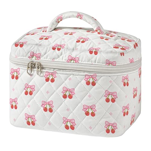 Quilted Makeup Bag Large Cosmetic Travel Case for Women Cherry Ribbon Pattern Vanity Soft Cotton Toiletry Organizer Skincare Brushes Accessories Storage