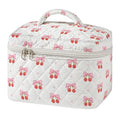 Quilted Makeup Bag Large Cosmetic Travel Case for Women Cherry Ribbon Pattern Vanity Soft Cotton Toiletry Organizer Skincare Brushes Accessories Storage