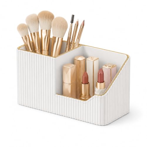 GORESE Leather Makeup Brush Holder with Lipstick Organizer - Ivory White