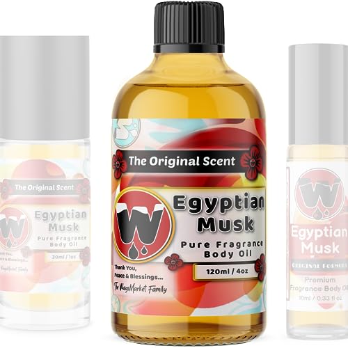 WagsMarket - Egyptian Musk Oil Family Pack (0.33oz Roll On, 1oz Roll On and 4oz Glass Bottle)