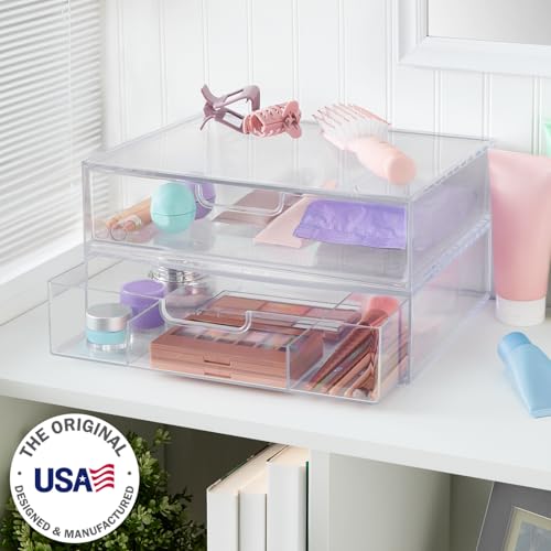 Stackable Plastic Drawer Organizer Set - Clear, 12.5 Inch with Open & Divided Drawers, Multipurpose Office & Home Storage - Variation: Clear Open Divided 2pk