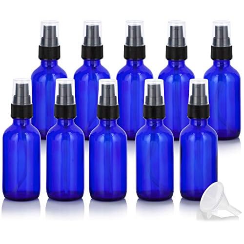 JUVITUS 2 oz Cobalt Blue Glass Boston Round Black Treatment Pump Bottle + Funnel (10 Pack)