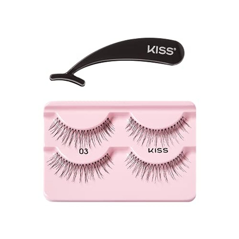 KISS Ever EZ Lashes Double Pack No. 03, Reusable Natural Eyelash Starter Kit, Includes Easy-Angle Applicator and 2 Pairs Human Hair False Eyelashes Black