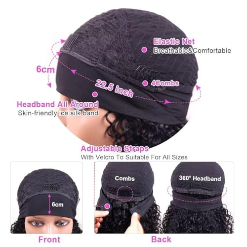 Vanmast 16 Inch Human Hair Headband Wig with 180% Density Kinky Straight Black for Black Women