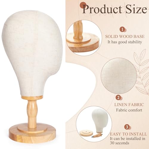 White Wooden Mannequin Head Stand with Detachable Base and Canvas Wig Display Model W1