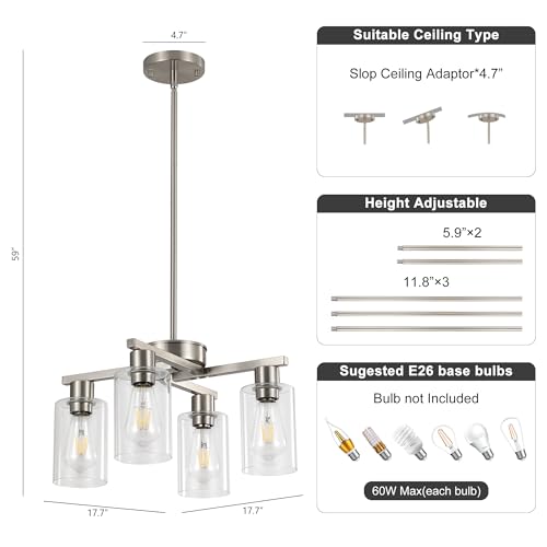 Nickel 4-Light Modern Glass Pendant Chandelier - D18 Variation