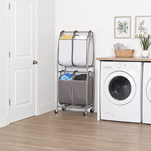 2-Tier Vertical Rolling Laundry Cart with 4 Removable Hampers & Odor Control